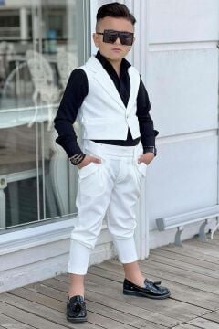 Erkek Çocuk Düğme Detaylı Yelek ve Boydan Düğmeli Beyaz Alt Üst Takım