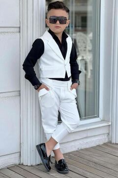 Erkek Çocuk Düğme Detaylı Yelek ve Boydan Düğmeli Beyaz Alt Üst Takım