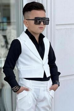 Erkek Çocuk Düğme Detaylı Yelek ve Boydan Düğmeli Beyaz Alt Üst Takım