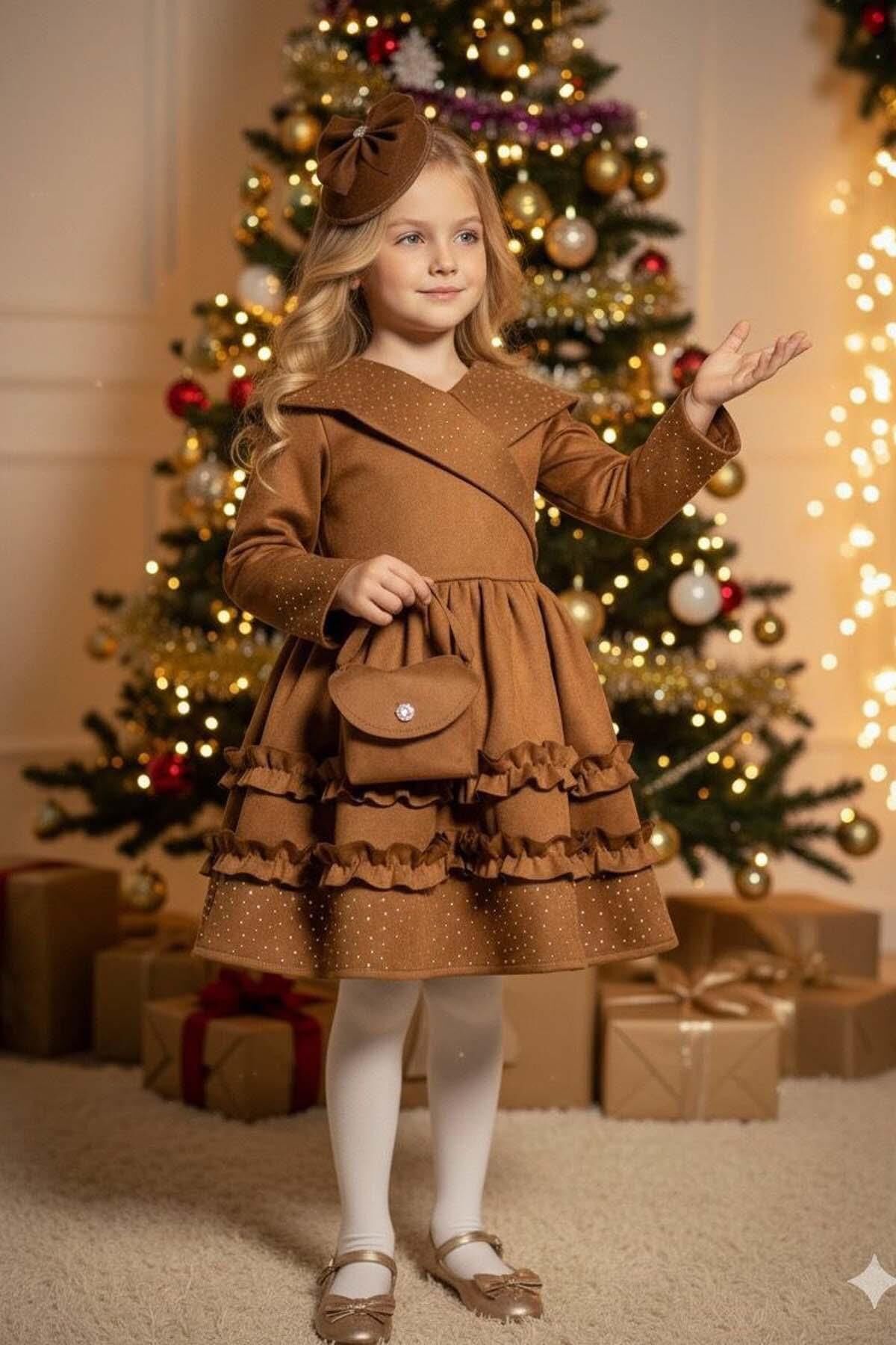 Kız Çocuk Kruvaze Yaka ve Taş İşlemeli Eteği Fırfır Detaylı Taba Süet Abiye