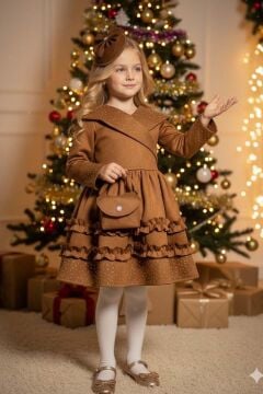 Kız Çocuk Kruvaze Yaka ve Taş İşlemeli Eteği Fırfır Detaylı Taba Süet Abiye