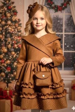 Kız Çocuk Kruvaze Yaka ve Taş İşlemeli Eteği Fırfır Detaylı Taba Süet Abiye