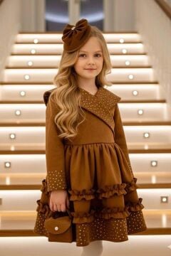 Kız Çocuk Kruvaze Yaka ve Taş İşlemeli Eteği Fırfır Detaylı Taba Süet Abiye