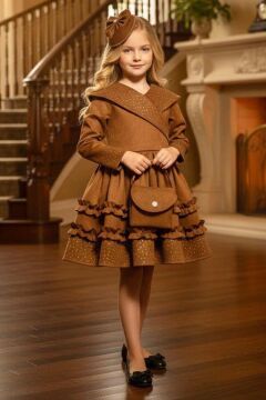 Kız Çocuk Kruvaze Yaka ve Taş İşlemeli Eteği Fırfır Detaylı Taba Süet Abiye