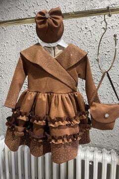 Kız Çocuk Kruvaze Yaka ve Taş İşlemeli Eteği Fırfır Detaylı Taba Süet Abiye