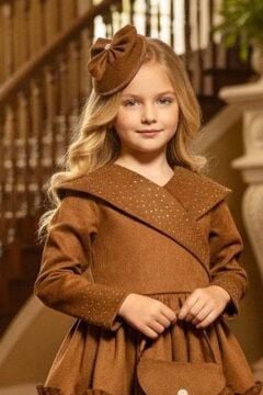 Kız Çocuk Kruvaze Yaka ve Taş İşlemeli Eteği Fırfır Detaylı Taba Süet Abiye