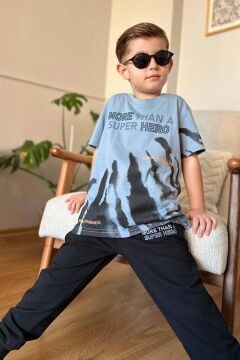 Erkek Çocuk More Than Yazı ve Eskitme Yazı Baskı Detaylı T-Shirt Mavi Eşofman Takım