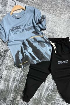 Erkek Çocuk More Than Yazı ve Eskitme Yazı Baskı Detaylı T-Shirt Mavi Eşofman Takım