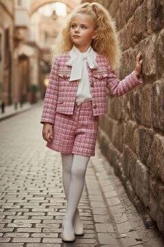 Kız Çocuk Kare Çizgi ve Gold Düğmeli Ceket, Fularlı Gömlek Ekose Detaylı Pembe Şanel Şortlu Takım