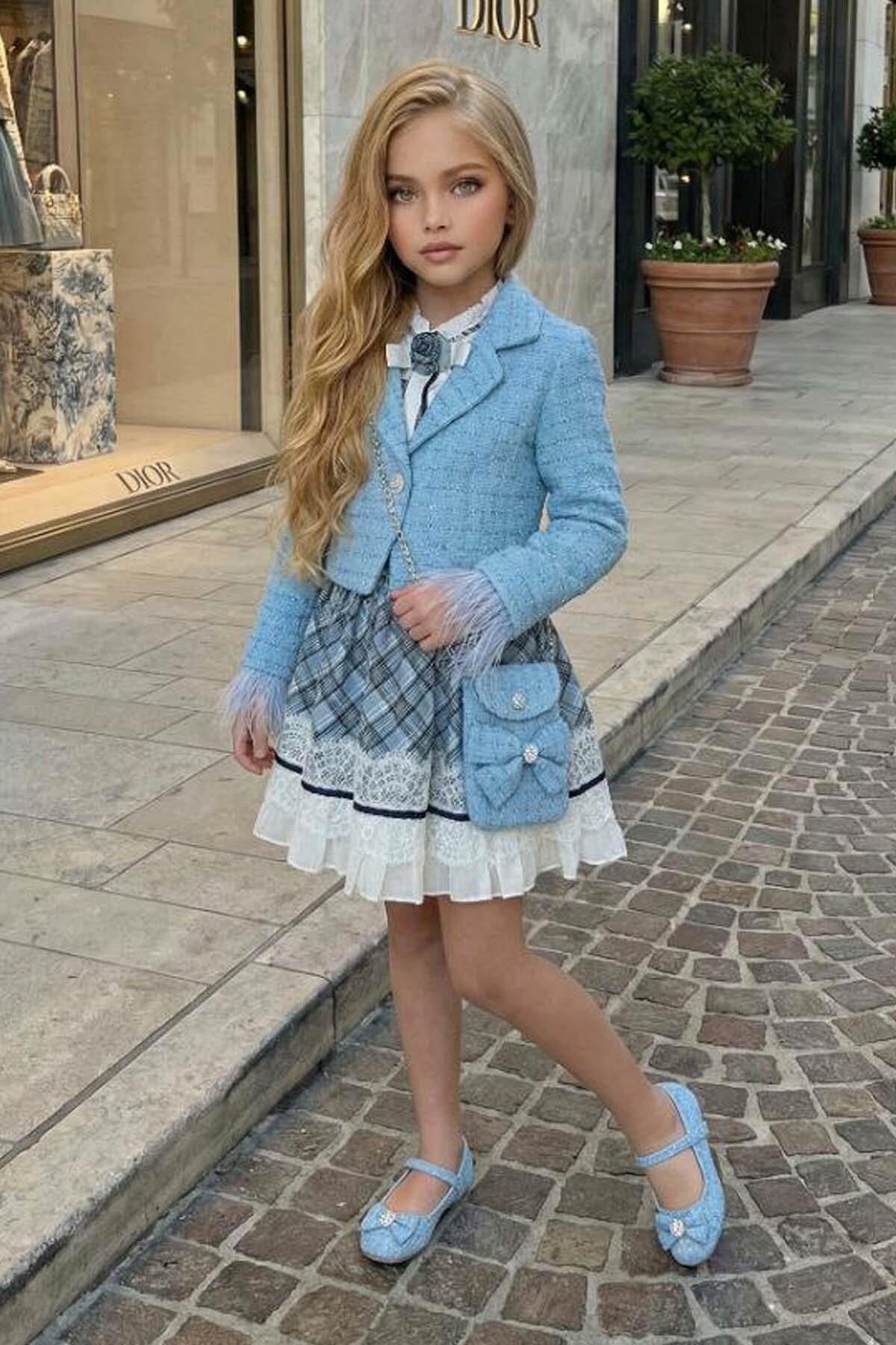 Kız Çocuk Kol Uçları Tüylü Mavi Şanel Ceket Etek Ucu Dantel İşlemeli Ekose Elbise