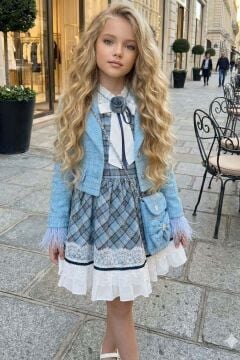 Kız Çocuk Kol Uçları Tüylü Mavi Şanel Ceket Etek Ucu Dantel İşlemeli Ekose Elbise