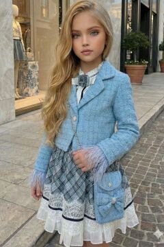 Kız Çocuk Kol Uçları Tüylü Mavi Şanel Ceket Etek Ucu Dantel İşlemeli Ekose Elbise