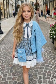 Kız Çocuk Kol Uçları Tüylü Mavi Şanel Ceket Etek Ucu Dantel İşlemeli Ekose Elbise