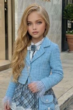 Kız Çocuk Kol Uçları Tüylü Mavi Şanel Ceket Etek Ucu Dantel İşlemeli Ekose Elbise