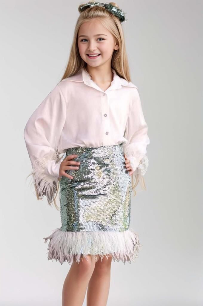 Kız Çocuk Kol Uçları ve Etek Uçu Kırçıllı Pulpaytet Detaylı Su Yeşil Etekli Takım