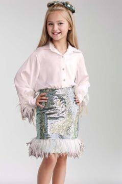 Kız Çocuk Kol Uçları ve Etek Uçu Kırçıllı Pulpaytet Detaylı Su Yeşil Etekli Takım