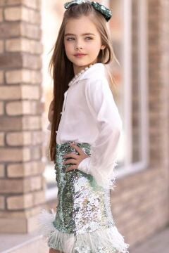 Kız Çocuk Kol Uçları ve Etek Uçu Kırçıllı Pulpaytet Detaylı Su Yeşil Etekli Takım