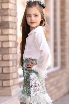 Kız Çocuk Kol Uçları ve Etek Uçu Kırçıllı Pulpaytet Detaylı Su Yeşil Etekli Takım