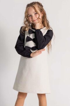 Kız Çocuk Uzun Kol Penye Tişört ve Önü Kurdele Detaylı İçi Astarlı Beyaz Jile Elbise