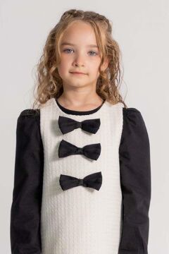 Kız Çocuk Uzun Kol Penye Tişört ve Önü Kurdele Detaylı İçi Astarlı Beyaz Jile Elbise