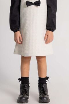 Kız Çocuk Uzun Kol Penye Tişört ve Önü Kurdele Detaylı İçi Astarlı Beyaz Jile Elbise