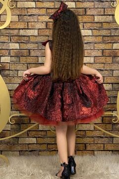 Kız Çocuk Mix Color Tül Detaylı Belden Bağlamalı Bordo Abiye