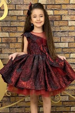 Kız Çocuk Mix Color Tül Detaylı Belden Bağlamalı Bordo Abiye