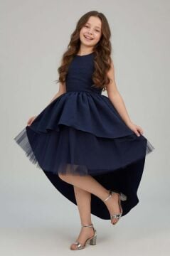 Kız Çocuk Önü Kısa Tül Detaylı Arkası Uzun Kurdela Detaylı Lacivert Abiye 6-9 Yaş