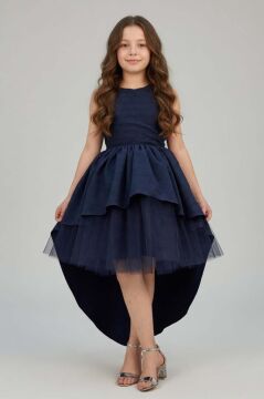 Kız Çocuk Önü Kısa Tül Detaylı Arkası Uzun Kurdela Detaylı Lacivert Abiye 6-9 Yaş
