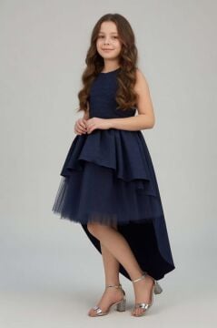Kız Çocuk Önü Kısa Tül Detaylı Arkası Uzun Kurdela Detaylı Lacivert Abiye 6-9 Yaş