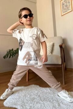 Erkek Çocuk Kargo Cepli ve Design Baskılı Bej Eşofman Takım