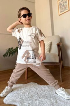 Erkek Çocuk Kargo Cepli ve Design Baskılı Bej Eşofman Takım