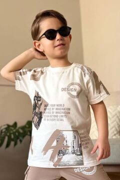 Erkek Çocuk Kargo Cepli ve Design Baskılı Bej Eşofman Takım