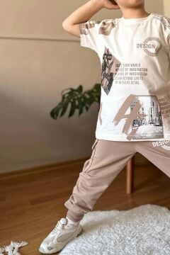 Erkek Çocuk Kargo Cepli ve Design Baskılı Bej Eşofman Takım