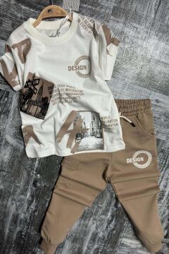 Erkek Çocuk Kargo Cepli ve Design Baskılı Bej Eşofman Takım