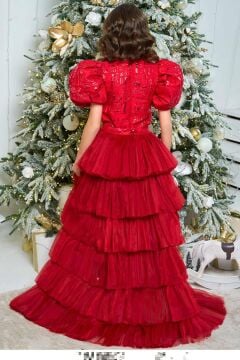 Kız Çocuk Yakası Taş İşleme Üzeri Jakar Detaylı Belden Bağlamalı Kuyruklu Balon Kollu Kırmızı Abiye