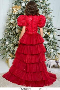 Kız Çocuk Yakası Taş İşleme Üzeri Jakar Detaylı Belden Bağlamalı Kuyruklu Balon Kollu Kırmızı Abiye