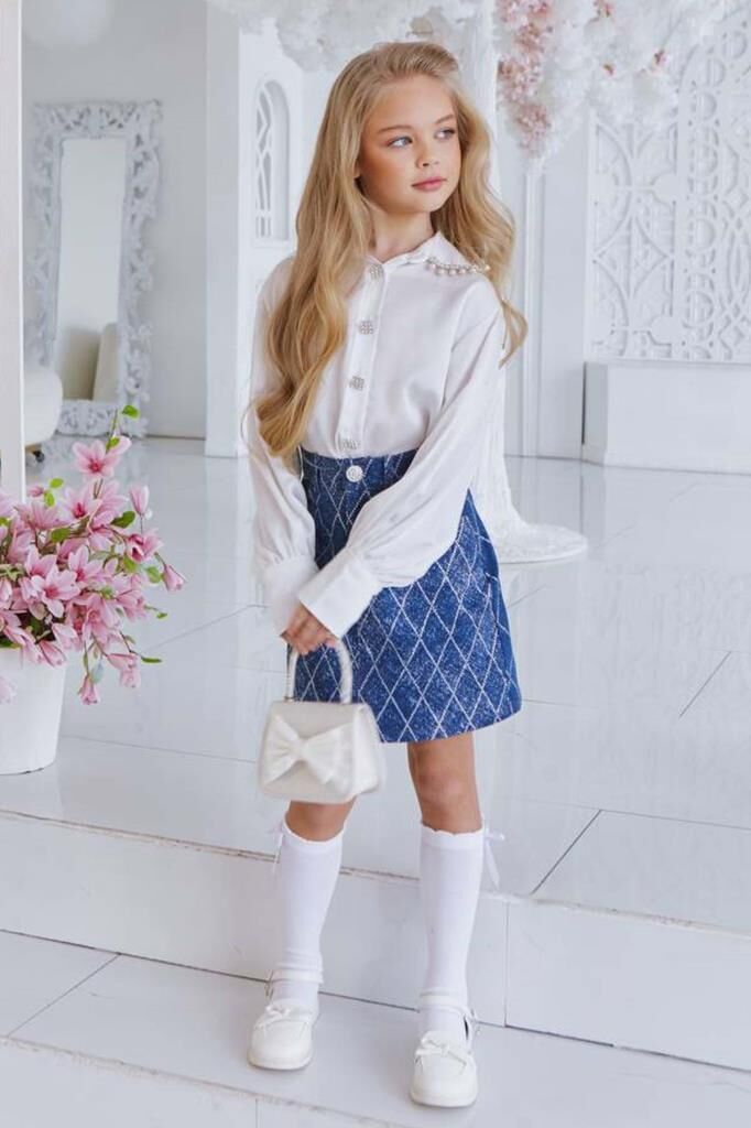 Kız Çocuk Yakası Güpür Taş İşlemeli Şifon Beyaz Gömlek Kare Çizgili Jean Etekli Takım