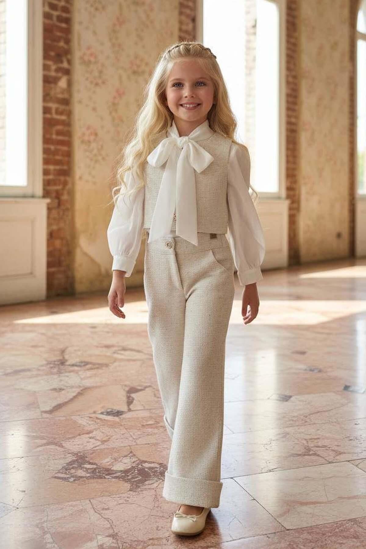 Kız Çocuk Fular Detay, Şifon Gömlek Kare Desen Triko Yelek ve Şanel Pantolon Krem Alt Üst Takım