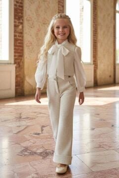 Kız Çocuk Fular Detay, Şifon Gömlek Kare Desen Triko Yelek ve Şanel Pantolon Krem Alt Üst Takım
