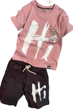 Erkek Çocuk Hi Yazı Baskılı Kısa Kollu Pudra Şortlu Takım