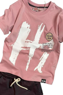 Erkek Çocuk Hi Yazı Baskılı Kısa Kollu Pudra Şortlu Takım