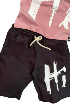 Erkek Çocuk Hi Yazı Baskılı Kısa Kollu Pudra Şortlu Takım