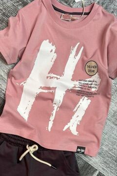 Erkek Çocuk Hi Yazı Baskılı Kısa Kollu Pudra Şortlu Takım