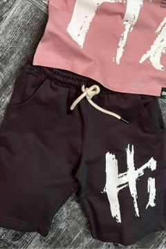 Erkek Çocuk Hi Yazı Baskılı Kısa Kollu Pudra Şortlu Takım