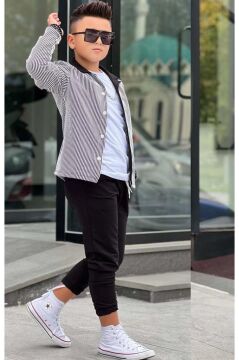 Erkek Çocuk Su Yolu Çizgili Ceket Penye Kazak 2 İplik Pantolon Siyah Alt Üst Takım
