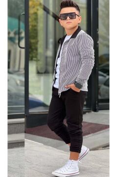 Erkek Çocuk Su Yolu Çizgili Ceket Penye Kazak 2 İplik Pantolon Siyah Alt Üst Takım