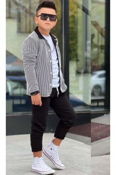 Erkek Çocuk Su Yolu Çizgili Ceket Penye Kazak 2 İplik Pantolon Siyah Alt Üst Takım