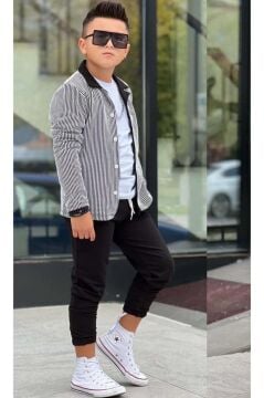 Erkek Çocuk Su Yolu Çizgili Ceket Penye Kazak 2 İplik Pantolon Siyah Alt Üst Takım