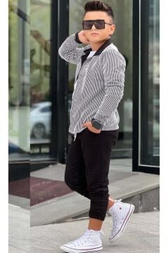 Erkek Çocuk Su Yolu Çizgili Ceket Penye Kazak 2 İplik Pantolon Siyah Alt Üst Takım
